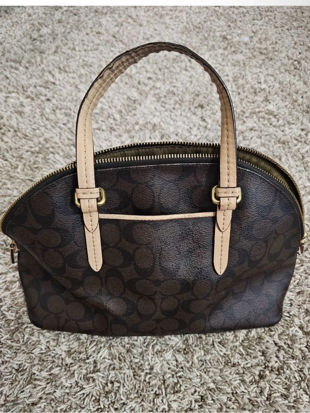 Coach Brown Signature Dome Satchel with Tan Trim and Red Tag